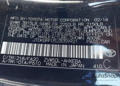 2018 Toyota Prius One из США, поврежденный, VIN JTDKBRFU5J3059921